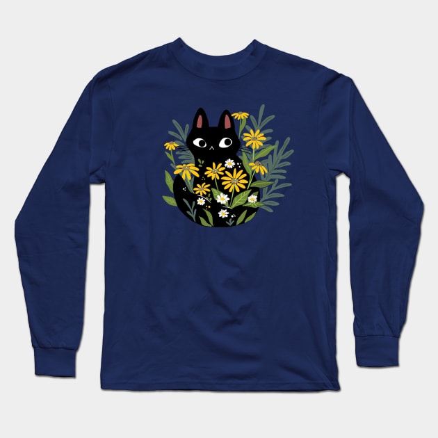 Black Cat In The Flowers Long Sleeve T-Shirt by MichelleScribbles